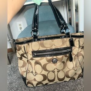 Coach Laura Black Brown Large Handbag Shoulder Bag Leather Signature Patent